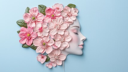Obraz premium A floral mask features a woman's profile adorned with pink flowers against a soft blue background, blending nature and art beautifully.