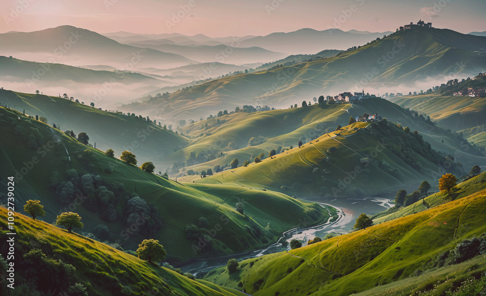 Poster Mountain range with a river running through it. The river is surrounded by trees and the mountains are covered in grass