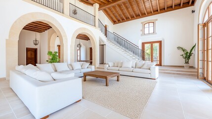 Elegant Mediterranean Villa Living Room with High Ceilings and Modern Decor
