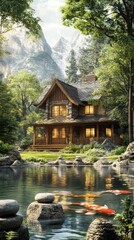 Naklejka premium A serene wooden cabin by a pond, surrounded by lush trees and mountains.