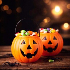 Fototapeta premium Craft bags with Halloween candies. Soft Focus. Halloween ambiance.