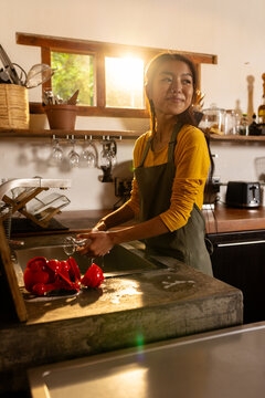 Asian woman washing dishes in kitchen, smiling as sunlight streams through window, at home