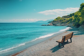 Serene Beach Bench Coastal Relaxation Ocean View Summer Vacation