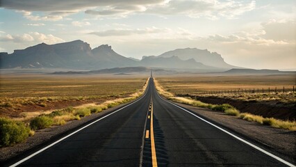 Fototapeta premium Long shot of black and white striped road stretching into the distance, landscape, horizon line, long shot, scenic
