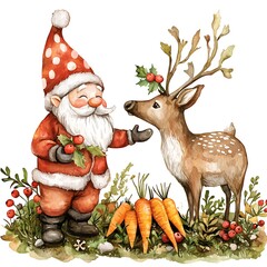 Fototapeta premium Watercolor Illustration of a Festive Gnome and Reindeer Sharing Carrots in a Winter Wonderland Setting.