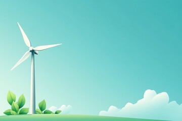 Obraz premium A vibrant wind turbine stands against a blue sky, surrounded by lush greenery, representing renewable energy and environmental sustainability.