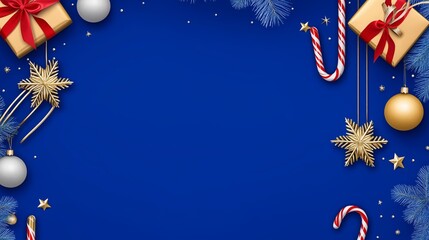 Festive Christmas Background with Gifts, Ornaments, and Candy Canes on Blue Canvas