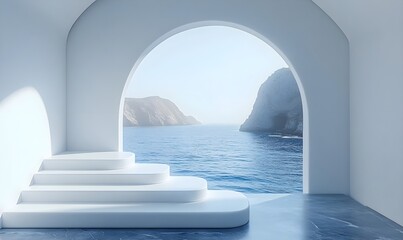 A white arch with stairs leading to a serene sea view