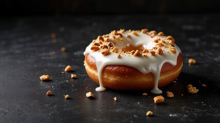 Delicious donut with cream filling and nuts on a dark concrete background