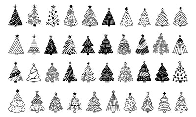 Set of Line Art Christmas Tree Icons