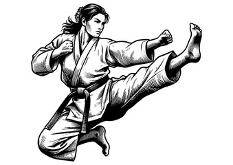 female martial artist executing a high kick in a karate uniform with fierce determination sketch engraving generative ai PNG illustration. Scratch board imitation. Black and white image.