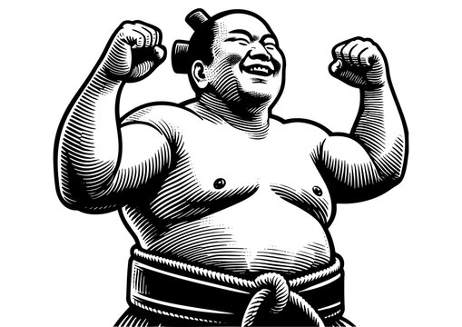 recommend clip art: joyful sumo wrestler flexing his arms in celebration, showcasing strength, tradition, and triumph sketch engraving generative ai PNG illustration. Scratch board imitation. Black and white image.