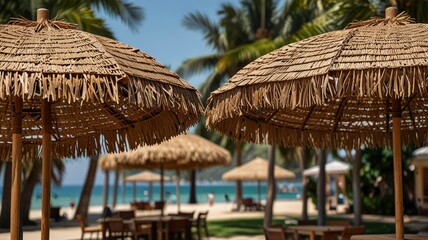 Fototapeta premium Detail of straw shade umbrellas on seaside in tropical resort. Summer vacations and getaway concept