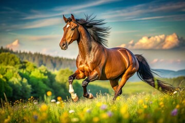 Majestic Galloping Horse in a Lush Landscape Captured with High Depth of Field, Showcasing Motion and Grace Against a Beautiful Natural Backdrop