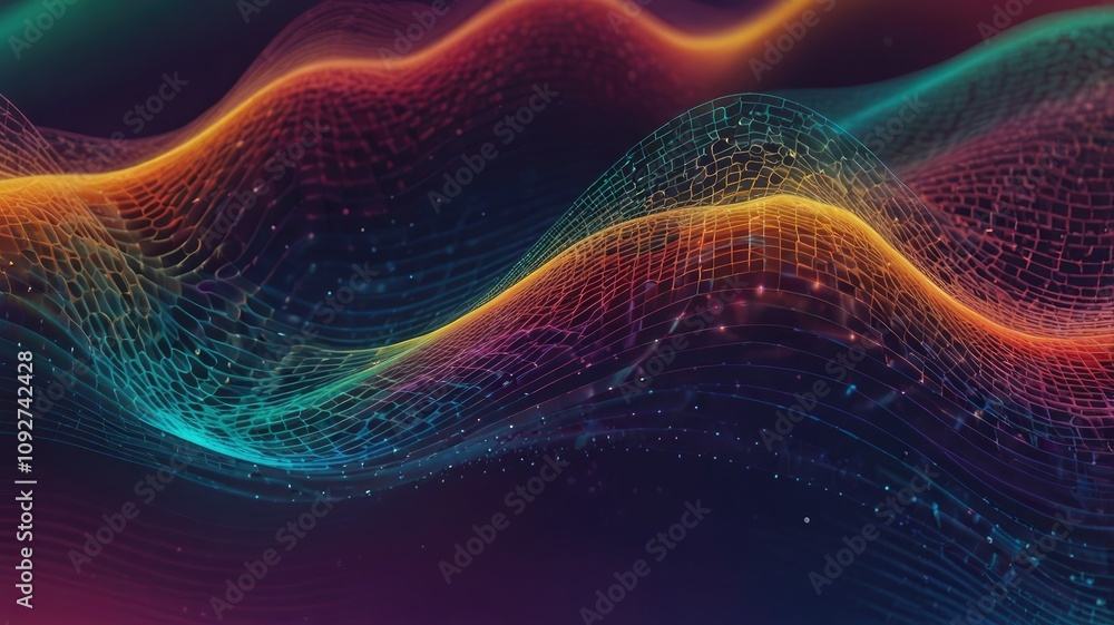 Wall mural digital illustration of waves and particles. curvy wireframe on bright gradient background