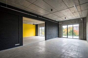 Obraz premium Minimalist concrete interior with dark walls and bright accent walls, minimalist design, industrial look, clean lines