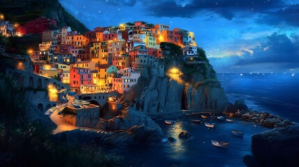 Obraz premium The colorful houses of Manarola, Italy, perched on the cliffside overlooking the sea at night