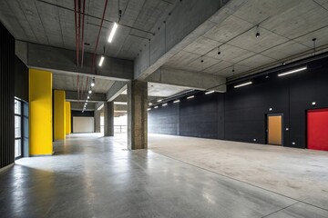 Minimalist concrete interior with dark walls and bright accent walls, modern minimalism, monochromatic colors, industrial look, dark walls