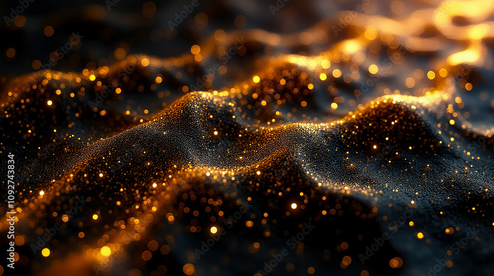 Poster numerous small gold facets shimmer on a black liquid surface, creating an abstract and mesmerizing e