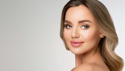 Naklejka premium A close-up of a woman with flawless, glowing skin and soft makeup, showcasing a natural beauty against a light, neutral background