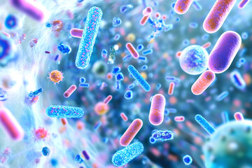 Illustration of the human microbiome interacting with the immune system, showcasing gut health. Visualization of diverse microbiota supporting a healthy immune system