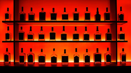 Fototapeta premium Great number of alcohol bottles on shelves in bar, red light