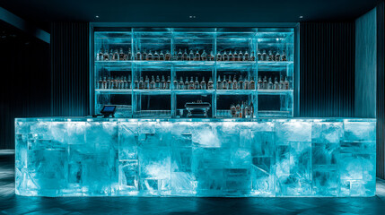 Bar counter made of solid ice with blue illumination. Behind the bar there is a shelf with numerous alcohol bottles. Impressive interior