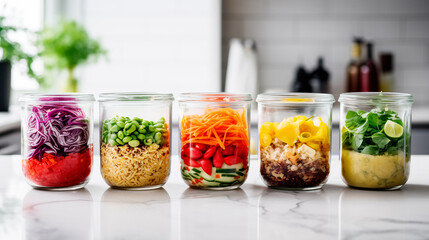 Primer plano de recipientes de cristal para preparar tuppers con comidas saludables para una semana.Cocina casera para llevar a la oficina.