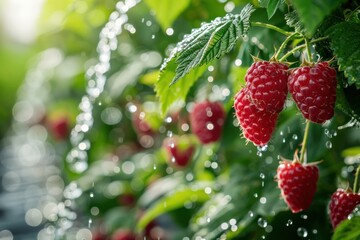 Watering ripe raspberries on bushes in the garden