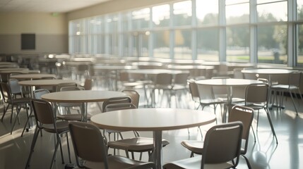 Fototapeta premium Empty school cafeteria tables during off-peak hours, a serene moment of reflection on the passage of time and the transient nature of youth.