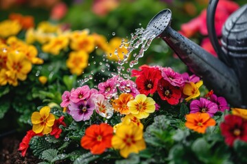 A gardener using a watering can to water colorful flowers in a well-maintained flower bed