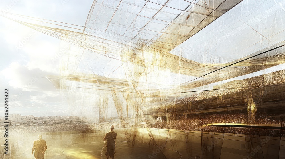 Poster a conceptual architectural design of a modern stadium with dynamic elements and spectators.