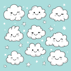 Cute Cartoon Clouds with Smiling Faces on a Blue Background