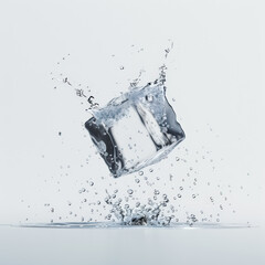Falling ice cube isolated on white background.