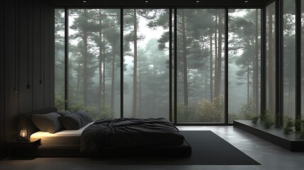 Dark bedroom with large windows overlooking the misty forest