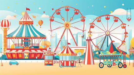 A cartoon-style illustration of a carnival with a Ferris wheel, a carousel, and a rollercoaster.