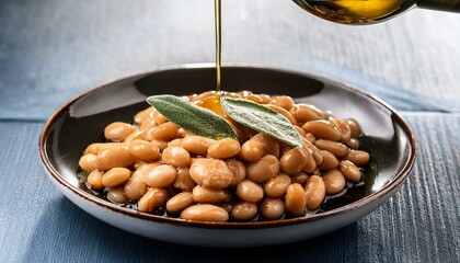 pouring oil on a dish of beans, AI generated