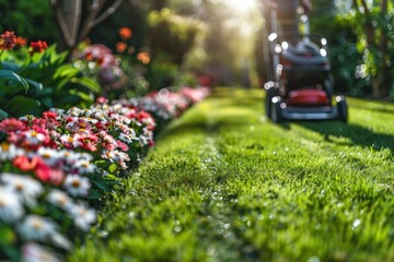 mows a lush green lawn with a modern lawn mower in a well-kept backyard of a country house