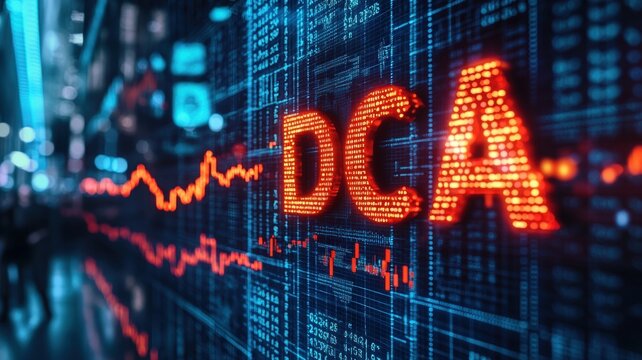 A digital trading chart displays "DCA" prominently, showcasing trendy financial data and market fluctuations.