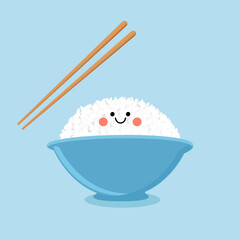 Rice bowl cartoon with cute face and wooden chopsticks icon sign vector.