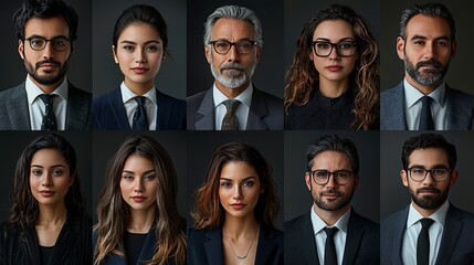A collection of diverse individuals in professional attire, showcasing a blend of personalities and styles captured in an elegant studio setting for a stock photo.