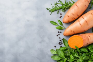 Fresh Sweet Potatoes with Herbs and Peppercorns on Gray Background - Culinary Ingredients