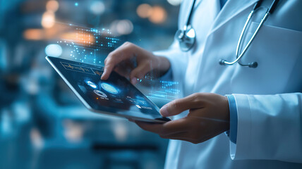 Doctor utilizing digital tablet for patient analysis on medical technology network