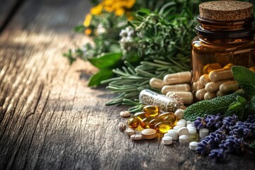 Herbal supplements and natural remedies arranged on rustic wooden table with fresh herbs
