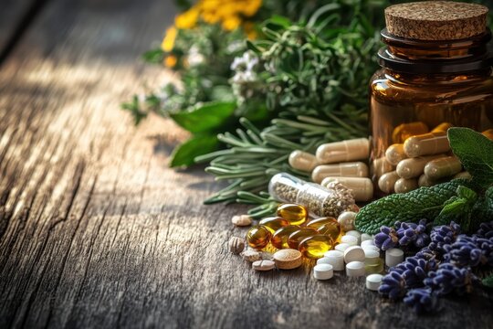 Herbal supplements and natural remedies arranged on rustic wooden table with fresh herbs