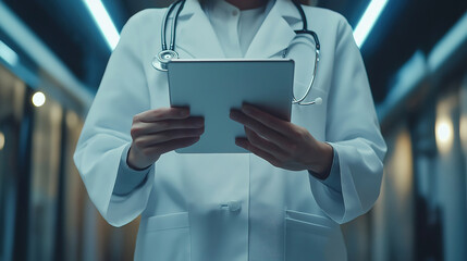 Digital healthcare concept with doctor reviewing electronic medical records on tablet screen