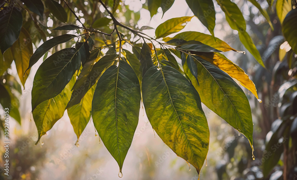 Aufkleber leaf is hanging from a tree. the leaf is green and has a few drops of water on it