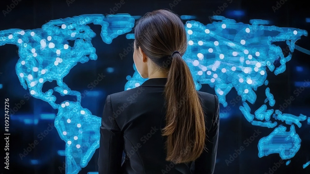 Poster comprehensive world map with digital data visualization for international business and global strate