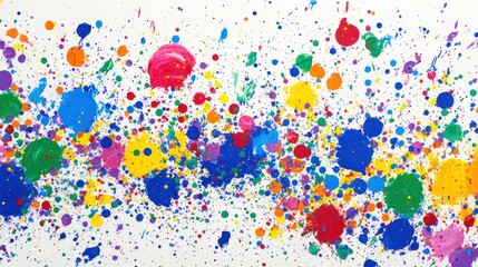 A vibrant abstract artwork featuring colorful splatters and circular shapes on a white background.