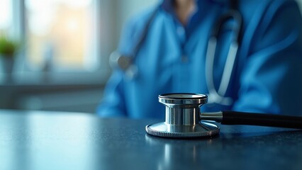 Close-up of a stethoscope in modern medical office, soft focus with ample copyspace